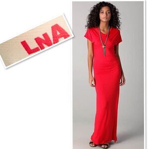 LNA Asymmetrical Kaftan Short Sleeve V-neck Ruched Jersey Maxi Dress Size  M